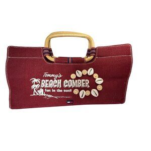 Tommy Hilfiger Red Beach Comber Tote Bag With Bamboo Handles & Shell Accents